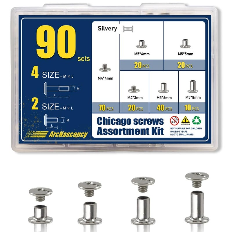 ArcNascency Store 90 Sets Silvery Chicago Screws Leather Rivets Kit, 4 Sizes (M5*4,5,6,8) & 2 Screw Lengths (M4*3,4) for Belts, Bookbinding, DIY Leather (Silvery) - Image 1